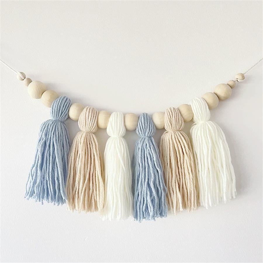 Boho Cotton Tassel Garland Wall Decoration with Wooden Beads Nursery Decor for Baby Room Tent Hanging Pendant Photo Props