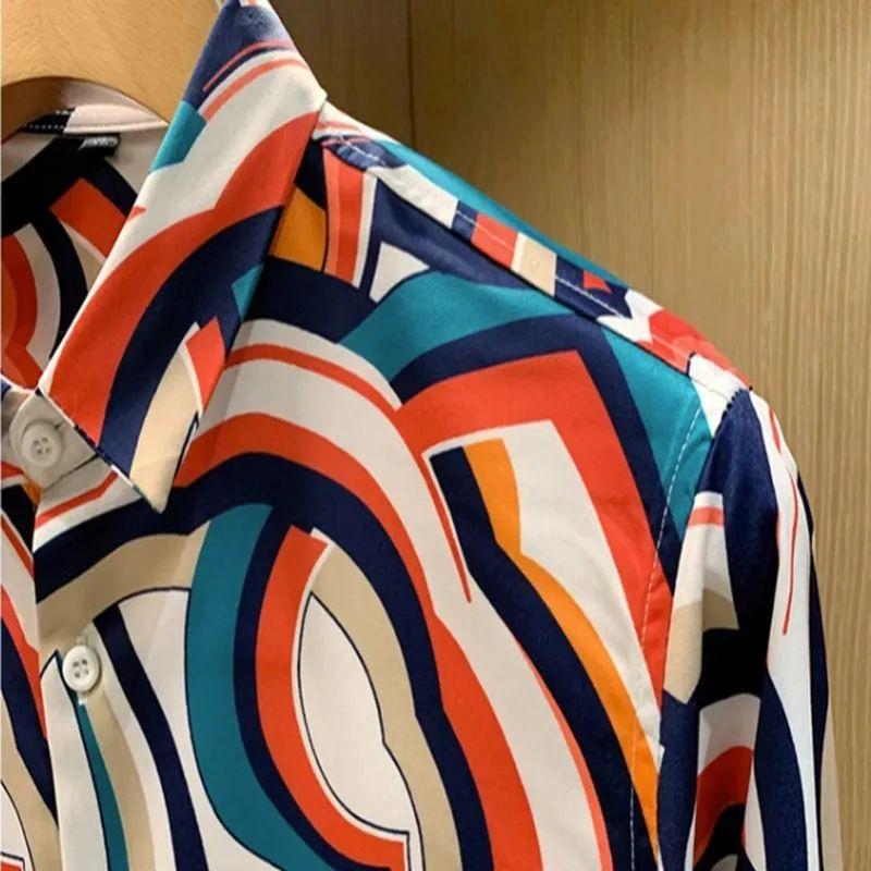 New Spring Korean Wave Fashion Personalized Casual Versatile Printed Long Sleeve Slim Button Men's Shirt Top