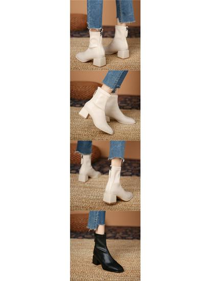 Women's White Mid-Calf Chunky Heeled Ankle Boots - Autumn/Winter 2025 French Style, Slimming, Medium Heel, Square Toe.