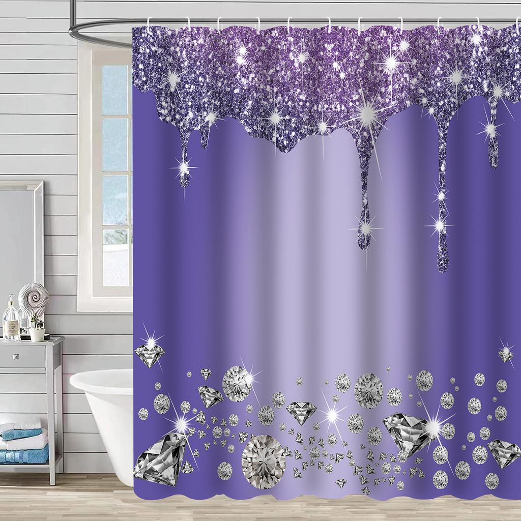 1Pcs  Luxury Glitter Sparkle Shower Curtain Gradient Geometric Striped Waterproof Polyester Fabric Bath Curtain with 12 Hooks Bathroom Decor