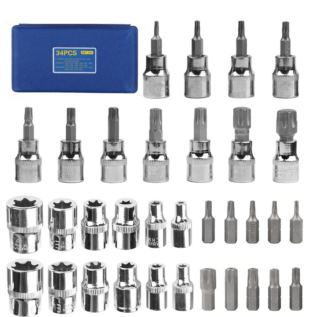34pcs Torx Star Sockets Bit Set Male Female E-Security Bits Professional Grade