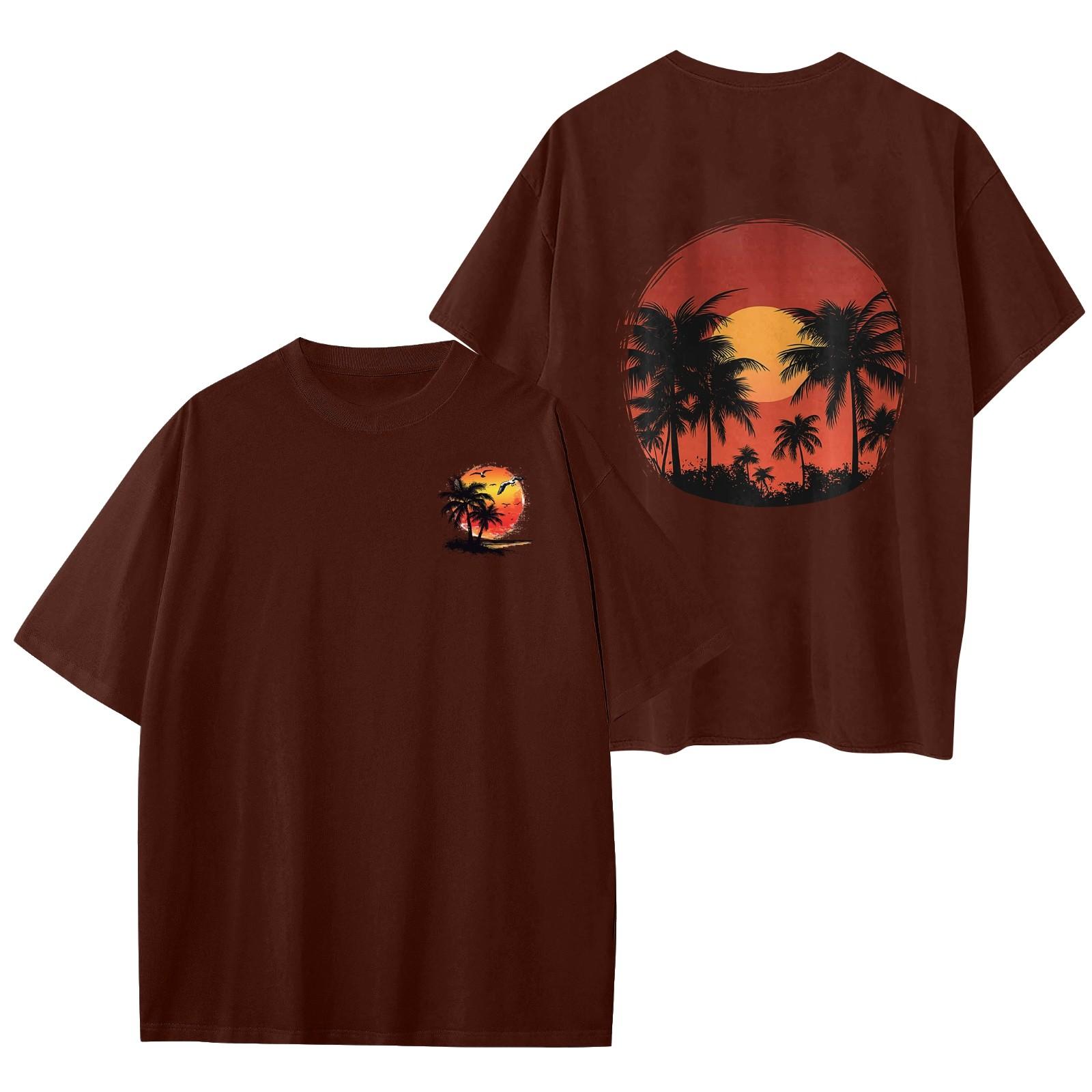 

Женский круглый вырез модный свободный гавайский принт короткие рукава XL винный