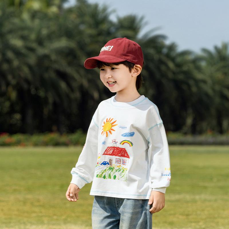Nausicaa Spring 2025 Kids' Hand-Painted Korean-Style Cotton T-Shirt - Cute Long Sleeve for Boys & Girls