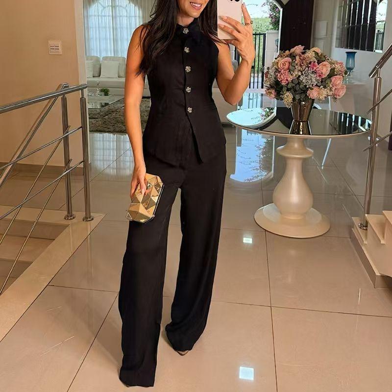 

Fashion Wind New Arrival Fashion Elegance Sleeveless Vest Tops Loose Pants Two-piece Set Vest and Pants Set Black XL
