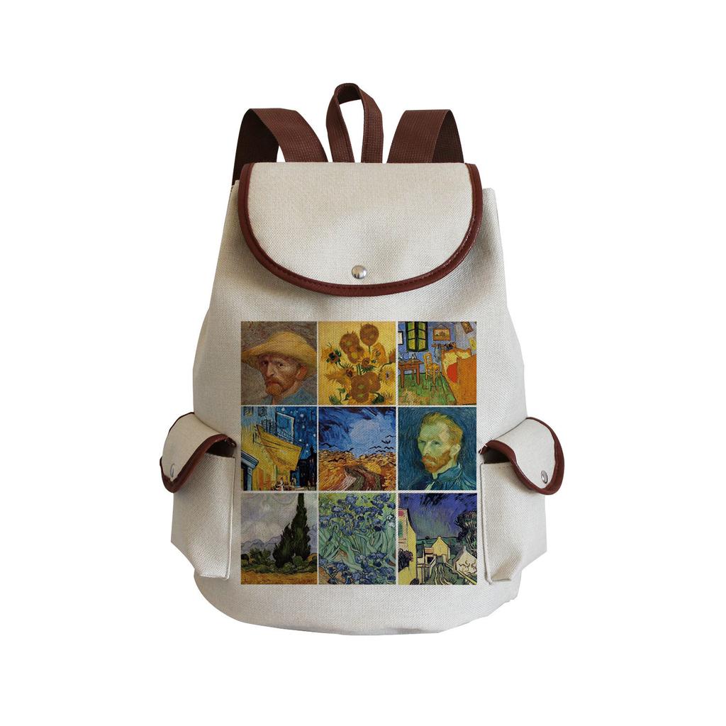 Wind Creative Van Gogh Oil Painting Print Backpack, Large-Capacity Student Schoolbag, Portable Travel Backpack