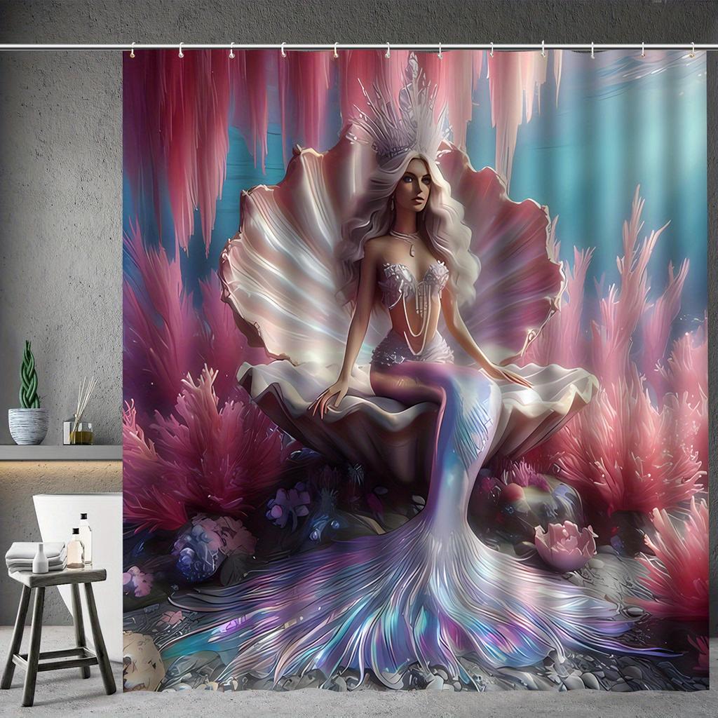 Mermaid Shower Curtain Fantasy Sea Princess Art Shell Throne Design Magical Ocean Decor Waterproof Printed Bath Curtain Home