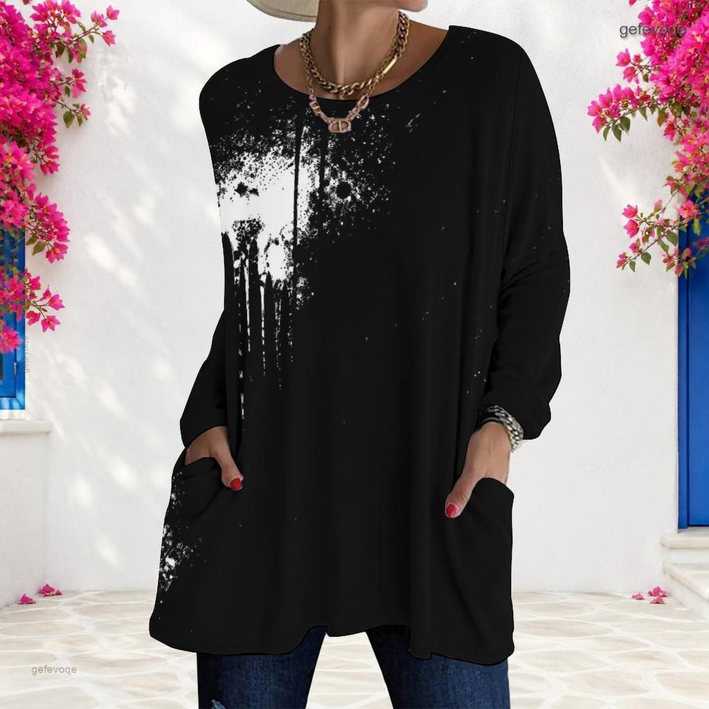 Women Plus Size Round Neck Long Sleeve Printed Loose Fit Longline T Shirt With Pockets
