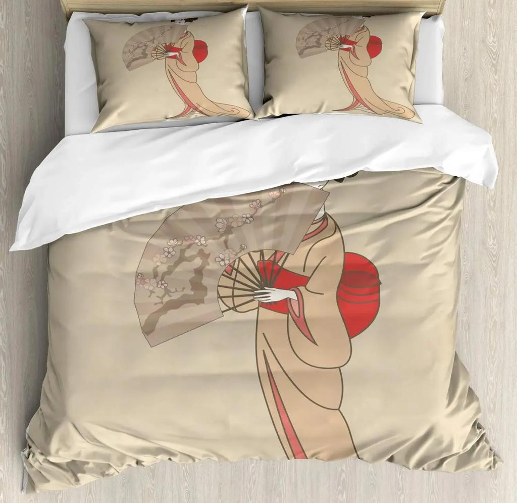 Japanese Duvet Cover Set,Girl In Traditional Dress and Cultural Patterns Antique Eastern Collage Bedding Sets Full,Brown Cream