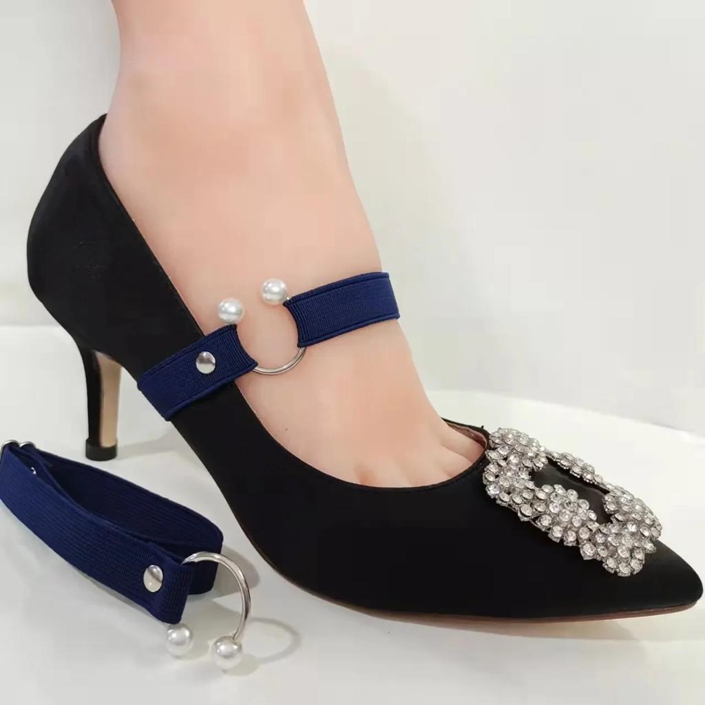 New 1.5CM Width High Heels Shoelaces Women Elastic Laces Heel Shoes Belt U-shaped Pearl Buckle No Tie Shoelace Shoe Accessories