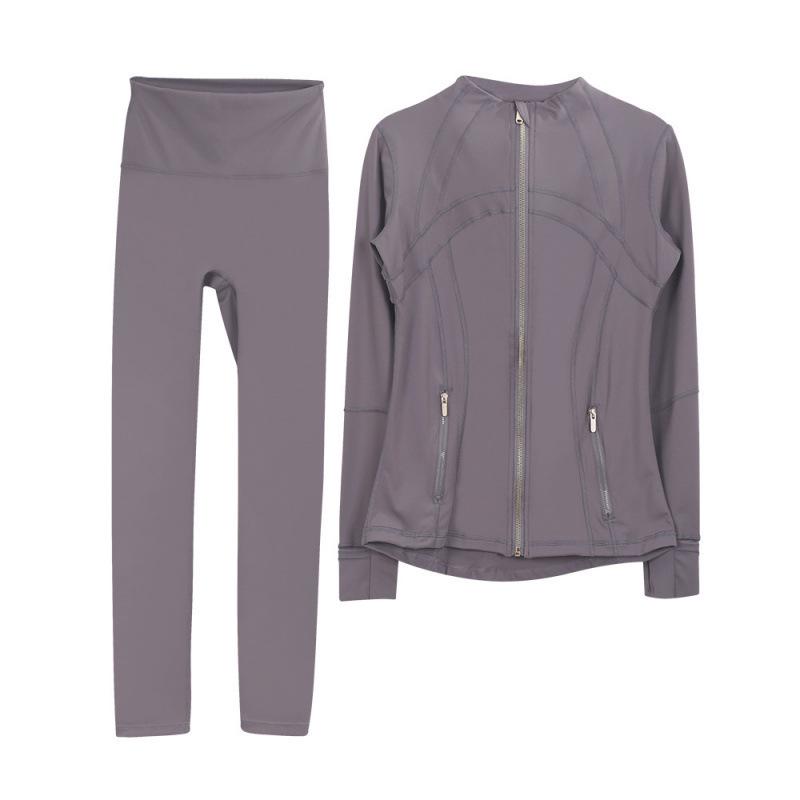 Lulu Original Yoga Anzug: Schnelltrocknendes Set mit Stehkragenjacke & Elastischer Neun-Punkt-Hose, Goldener Reißverschluss.