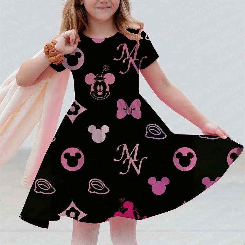 M-ickey And M-innie Print Summer Dress Kids Girl Clothes Sweet Desserts Short Sleeve Casua Fashion Birthday Girl Dress