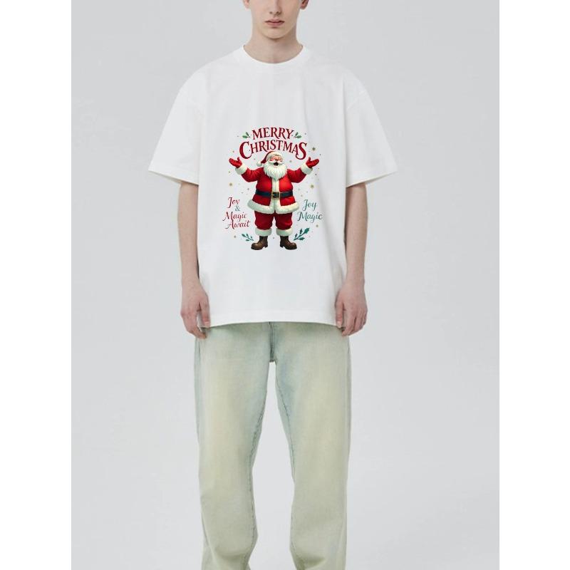 Christmas T-Shirt Black Santa Claus Merry Christmas Joy and Magic Await Holiday Party Wear