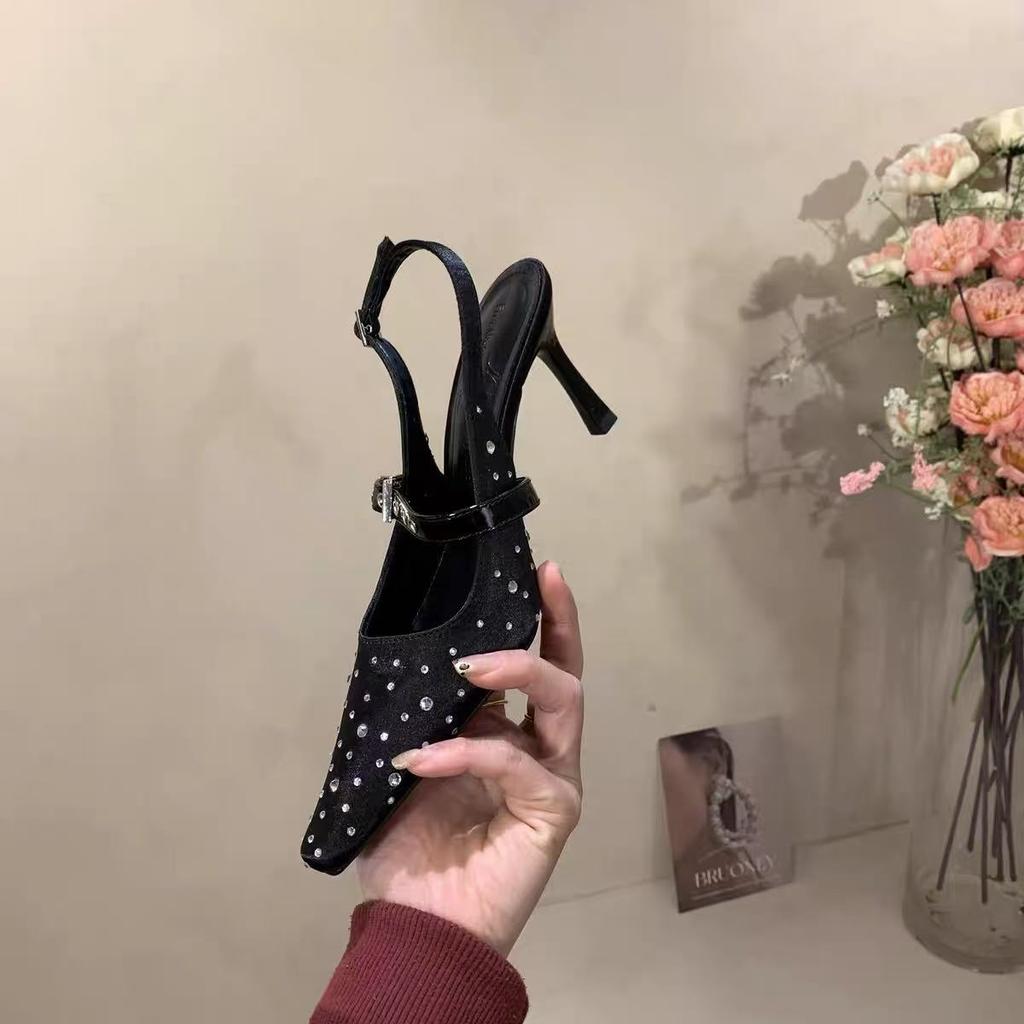 Fashion 2025 Spring New Pointed Fine Heel Silk High Heel Shoes with Water Diamond Coarse Heel for Women, Shallow Mouth Single Shoes