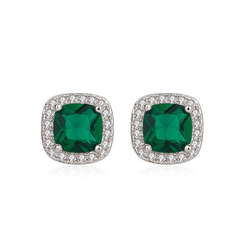 2026 Emerald Stud Earrings Women's Square Diamond-encrusted Zircon Emerald Earrings Simple Fashion Jewelry