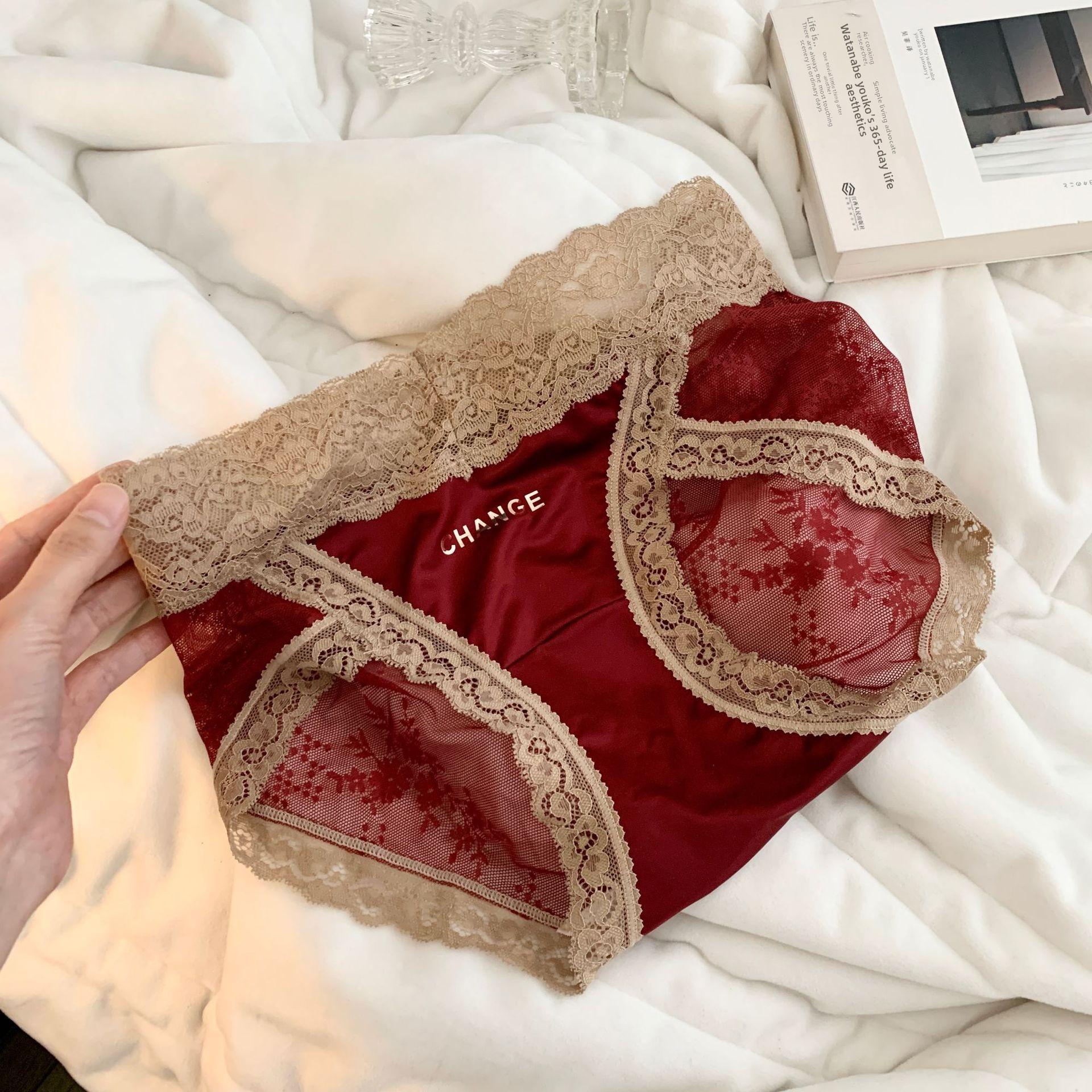 

Plus Size Ladies Spring and Summer Sexy Lace Wedding This Year Wine Red Mid Waist Panties XL