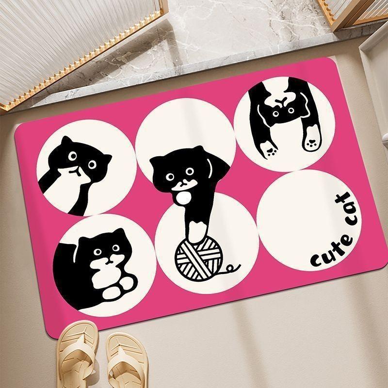Cute Dog Cartoon Cat Checkered Pattern Diatom Mud Cushion Kitchen Carpet Toilet