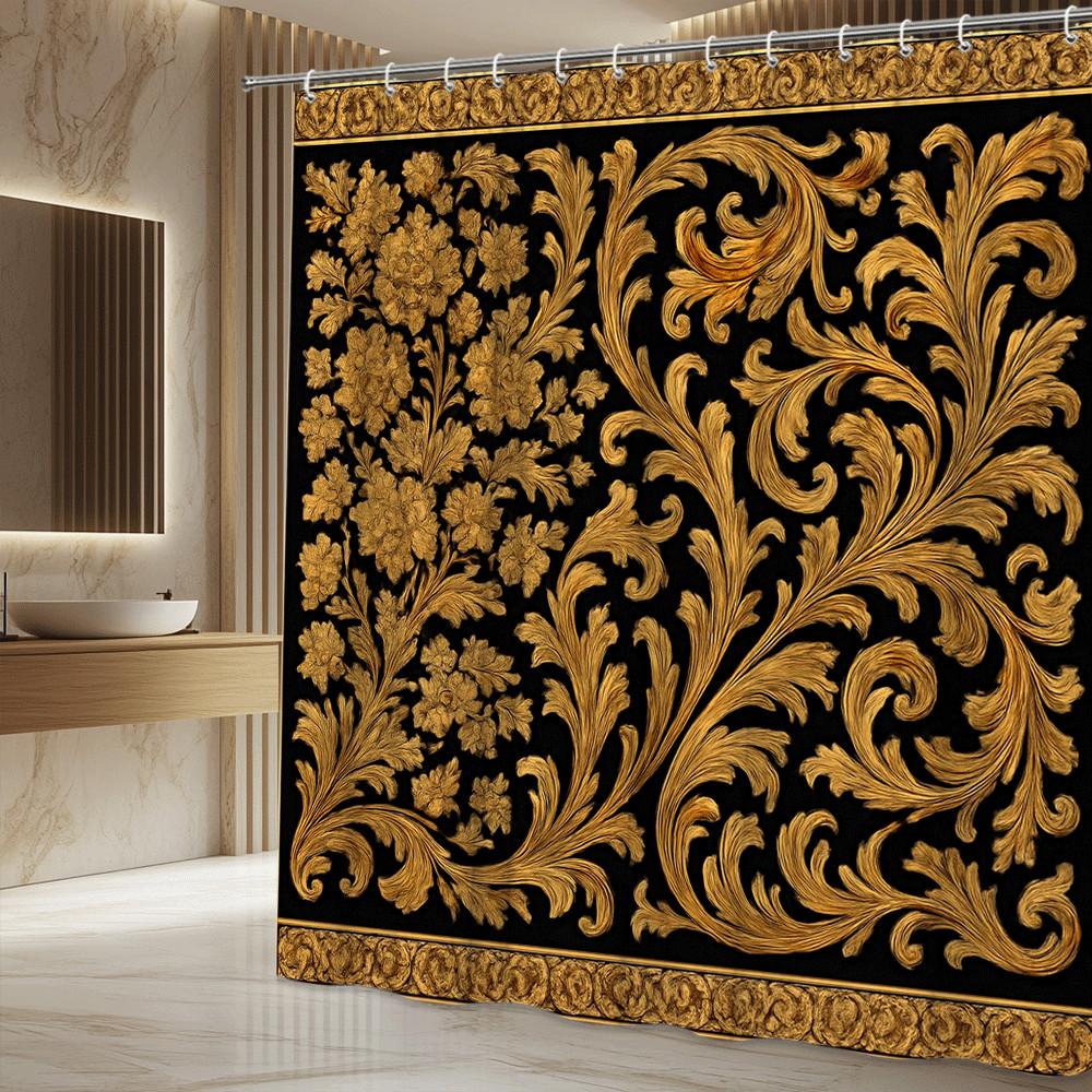 Golden Baroque Floral Shower Curtain Black Background Luxury Ornate Design Royal Palace Style Decor Waterproof Quick Setup