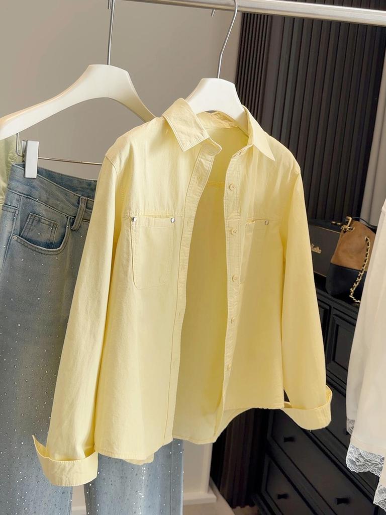 2026 Spring Women's Loose Fit Milk Yellow Cotton Long Sleeve Lapel Shirt - Versatile Commute Sun Protection Top