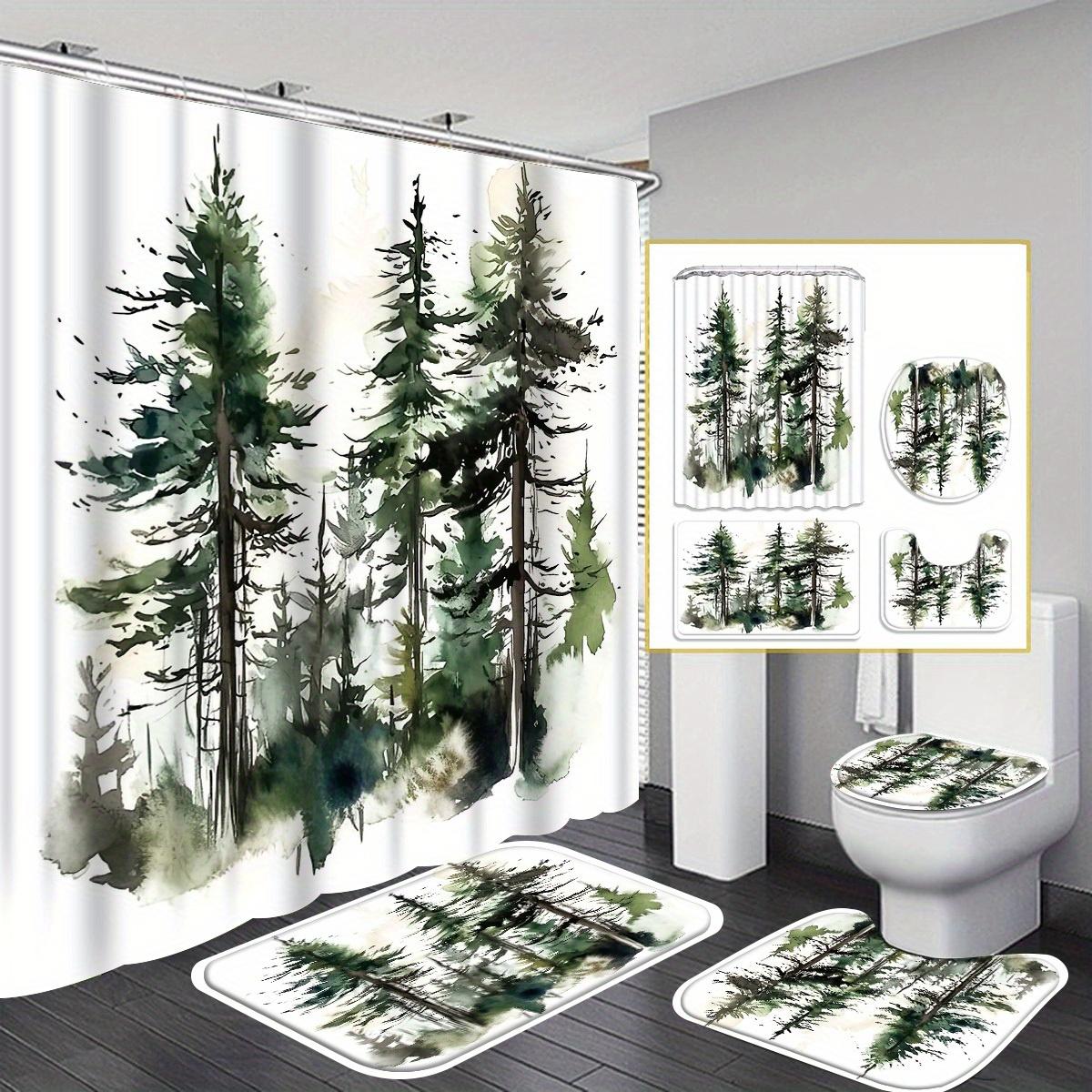 

Woods Decorative Shower Curtain Bathroom Set - Machine Washable, with 12 Hooks, including Toilet Seat Cover and Bathtub Mat 90x180cm