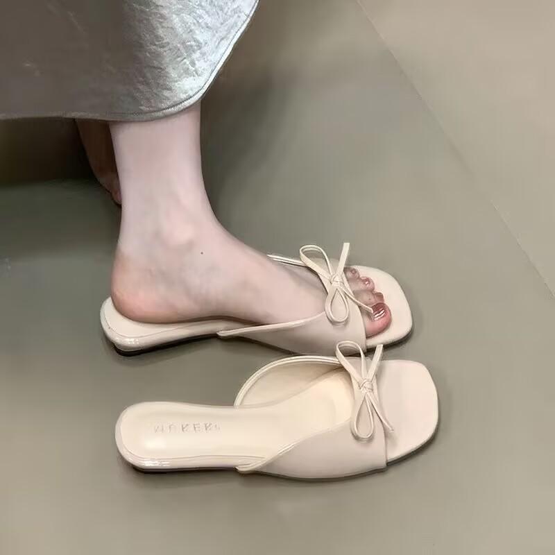 French gentle bow with cool slippers women's 2025 summer wear open toes with skirt temperament sandals