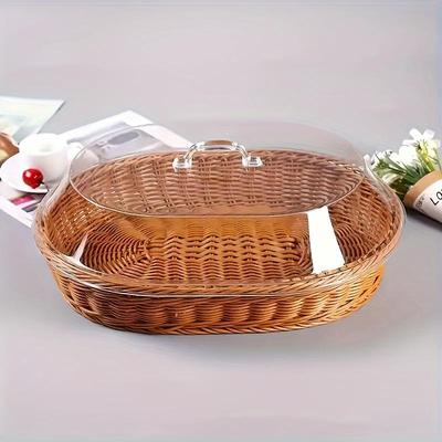 Akrilik Kubbe Kapaklı Modern Rattan Ekmek Sepeti, Çok Amaçlı Hasır Servis Tepsisi, Dayanıklı ve Yıkanabilir, Tatlılar, Meyveler, Piknikler İçin