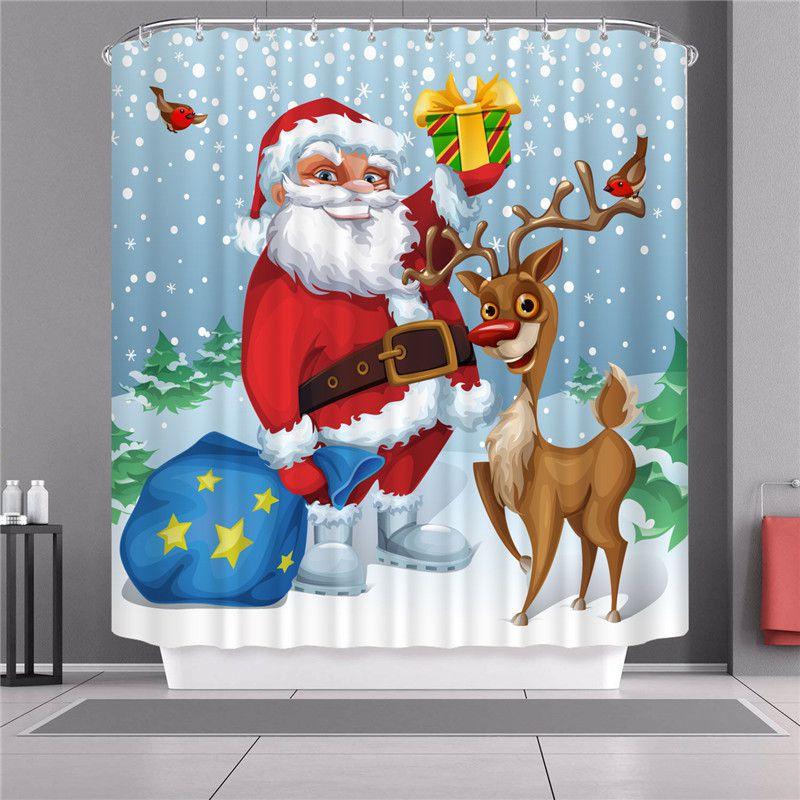 Curtain Shower Christmas With Hook Waterproof Fabric Bathroom Santa Xmas Claus