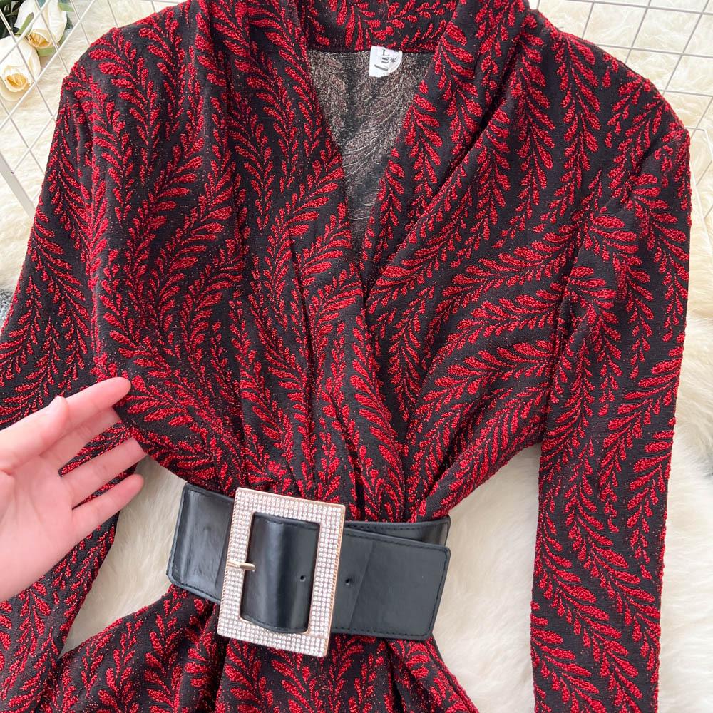 Royal Sister Fan High-end Feeling with Belt Waist Dress Women's Autumn Light and Thin Temperament Drape Print Dress