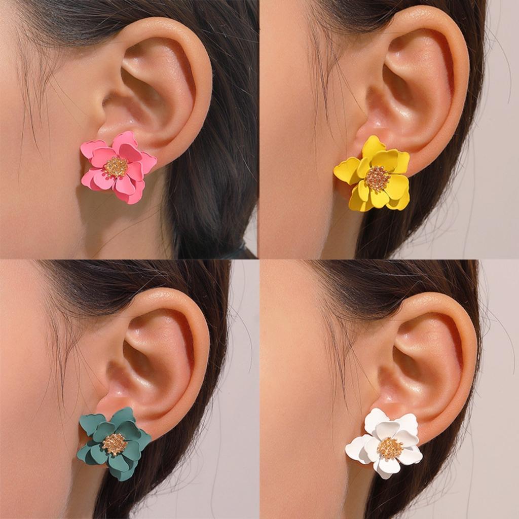 Matte Pink Layered Flower Stud Earrings Sparkly Bead Center Three Dimensional Floral Ear Jewelry for Women Summer Daily Wear