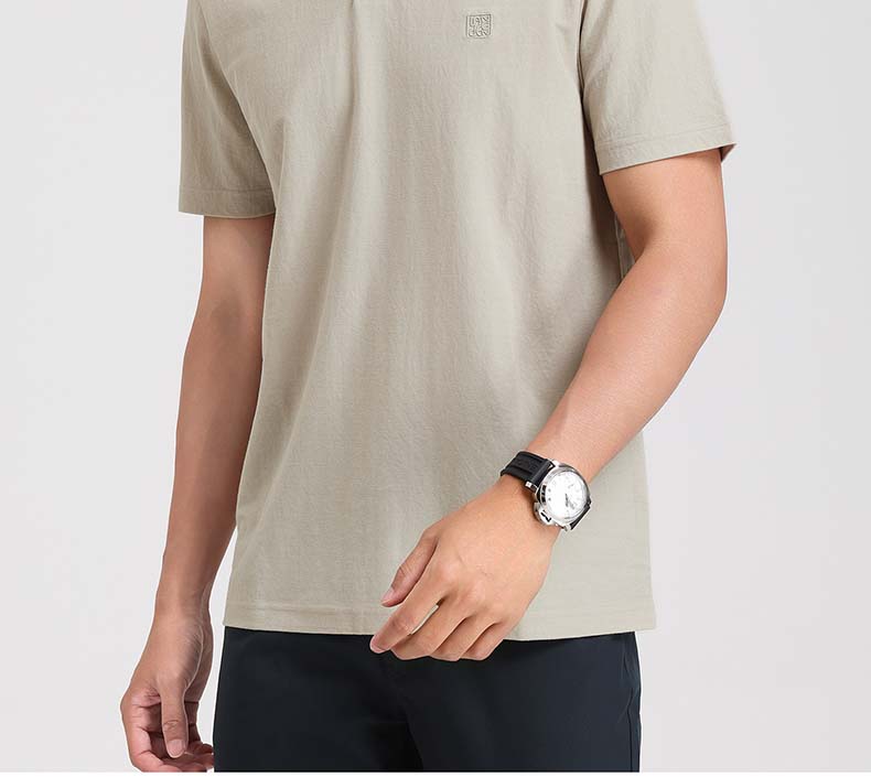 Langdeng Men's Summer Lightweight Breathable Imitation Hemp Henry L Collar Versatile Solid Color T-shirt