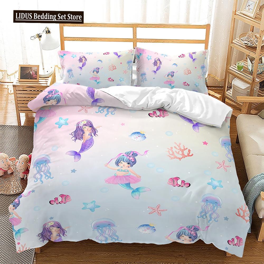 Комплект пододеяльника на тему животных Медуза Русалка Мультяшный узор Кавайный постельный комплект Кинг Твин Фулл Размер Полиэстер Пододеяльник