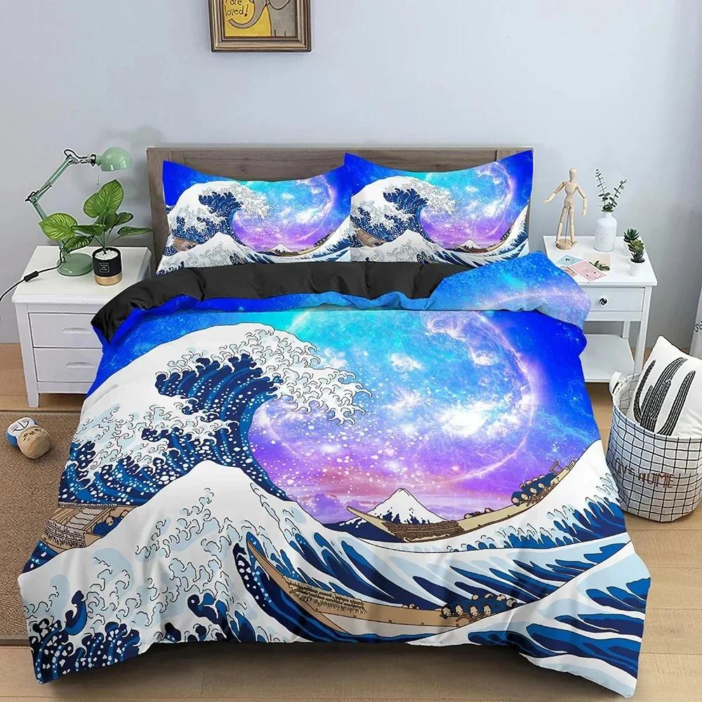 Big Wave Japanese Art Abstract Comfortable Duvet Quilt Cover Pillowcase Bedding Set Children Bedroom Decoration Home Textile