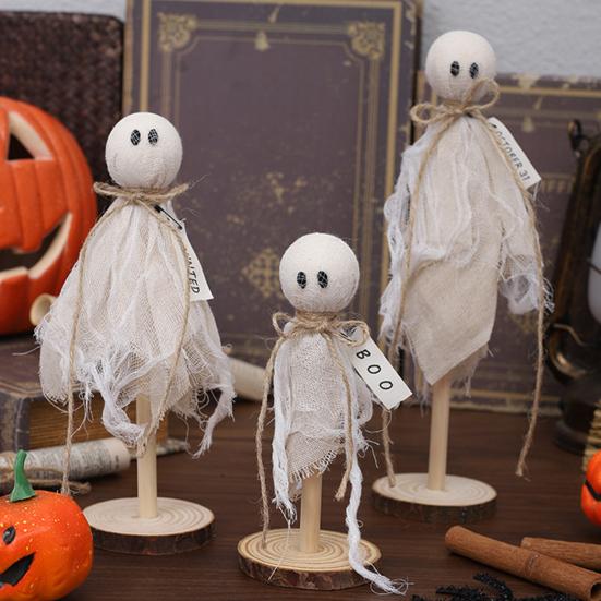 3Pcs Wooden Halloween Ghost Ornaments Rustic Shelf Sitters with Fabric Ghost Figures Farmhouse Tiered Tray Mantel Decorations