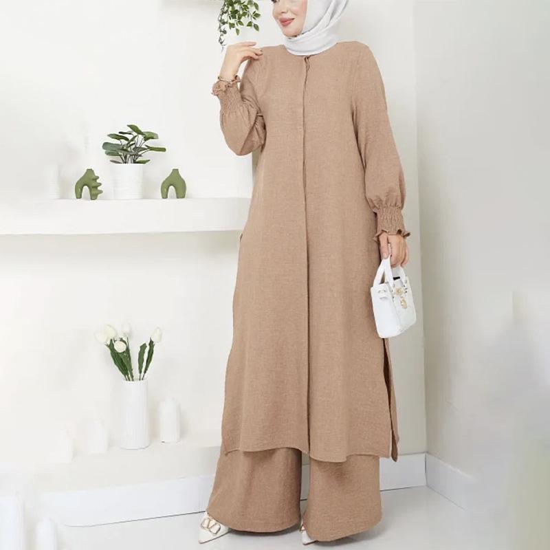 Elegant Women's Two-Piece Set: Long Sleeve Shirt & Wide-Leg Pants with Side Slit - Arabic Style