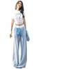 Petite Women's Blue Plaid High Waist Elastic Summer Pants - Yamamoto Drape Casual Straight Wide Leg 