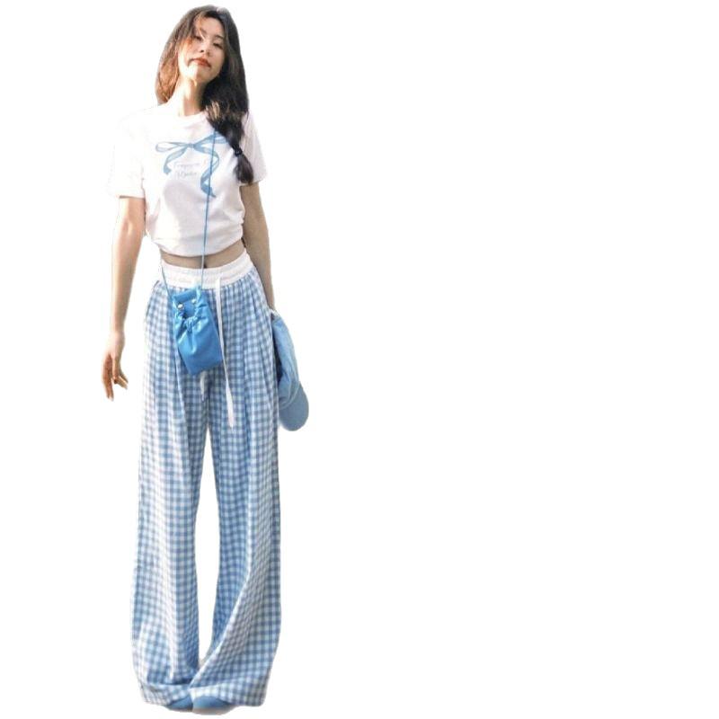 Petite Women's Blue Plaid High Waist Elastic Summer Pants - Yamamoto Drape Casual Straight Wide Leg 