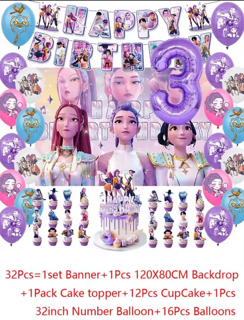 Sada příborů Demon Hunters Party Banner Pozadí Balónky Dortový Topper Venkovní Piknikové Potřeby Narozeniny pro Korejskou Kpop Anime Párty