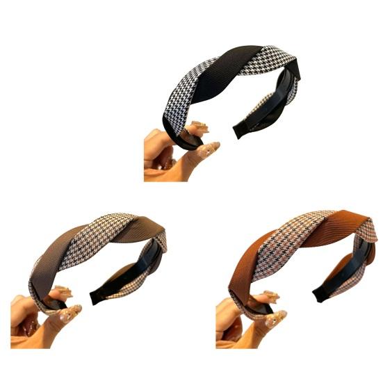 Women Headband Anti-Slip Teeth Plaid Twist Design Soft Fabric Hair Hoop Wide-Brimmed Long Wear Hair Accessory