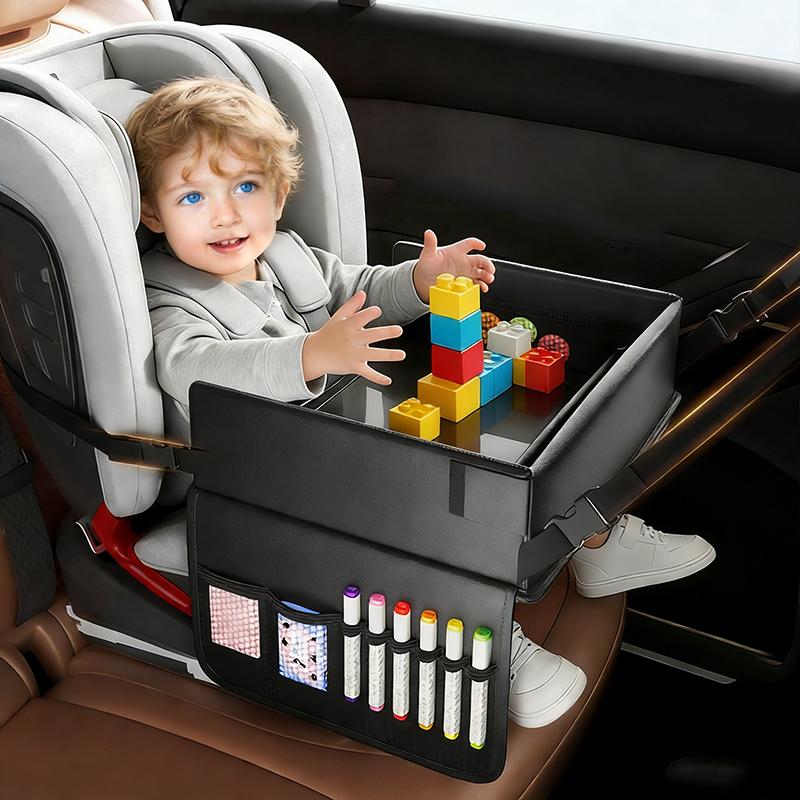 Kids Travel Tray PU Leather Activity Table | Carseat Lap Desk Organizer With Tablet Holder Stand, Snack Cup Child Laptop Bed