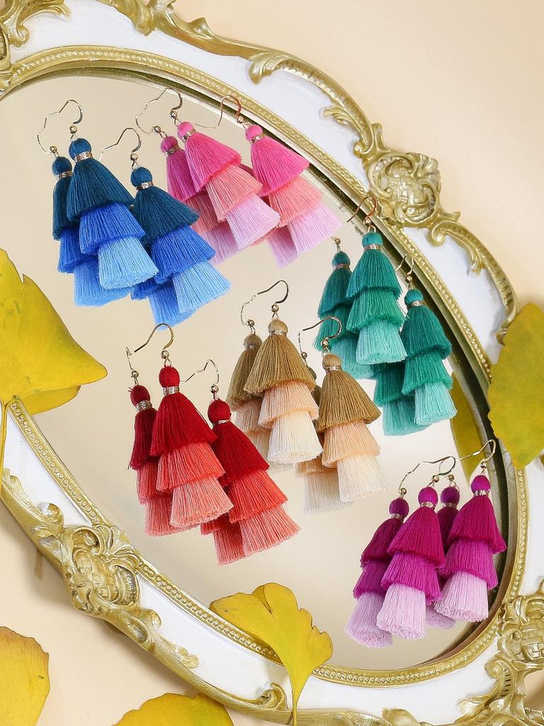 Bohemian Holiday Style Earrings Multi Layered Tassel Pendant Colorful Zircon Set Women's Earrings