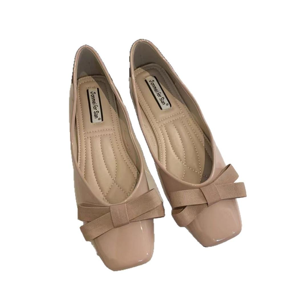 French Flat Heel Soft Leather Bow Light Mouth Square Head Single Shoes Women's 2025 Autumn New Shoes Commuter Versatile Soft Sole Ladyshoes