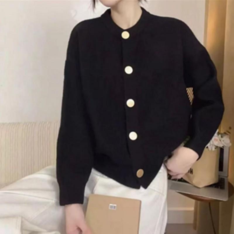 Womens Knit Cardigan Round Neck Metal Buttons Loose Fit Short Sweater Commute
