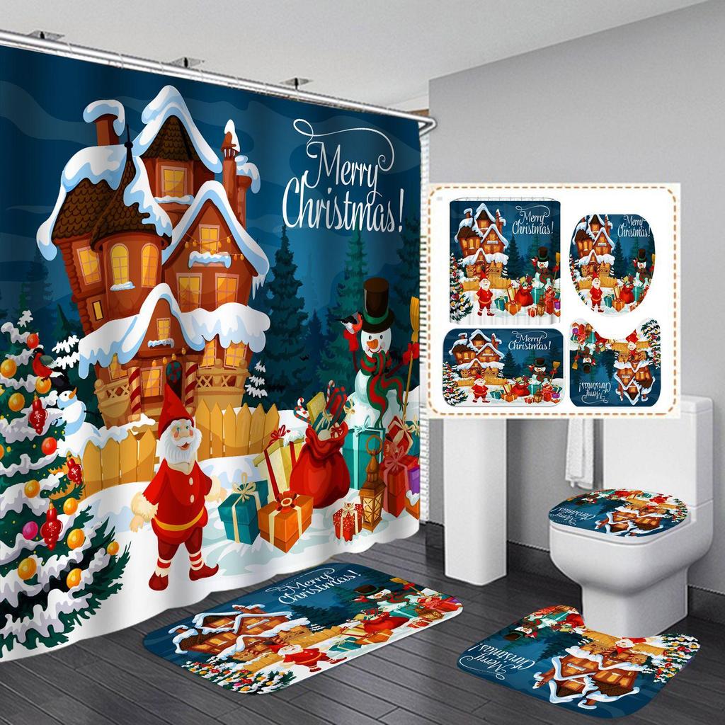 4pcs Christmas Snowman Waterproof Bathroom Curtain Non Slip Mat Set Thickened Mildew Resistant Shower Curtains for Holiday Decor