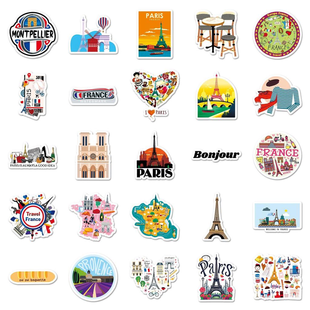Creative French Cartoon Travel Stickers - 50 Decorative Sheets for Luggage & Scenery