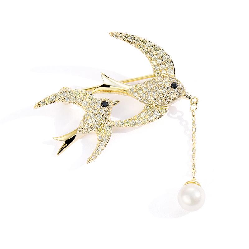 Swallow Brooch: Copper with Zircon and Pearl Pin