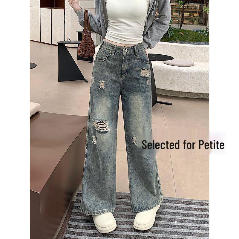 Women s American Retro Distressed Ripped Straight-Leg Jeans, Summer Loose Slimming Wide-Leg Floor-Length Pants XS