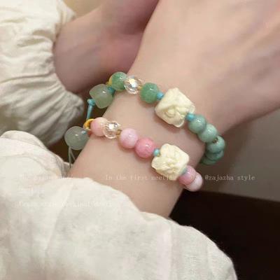Qingti Lion Lion Natural Stone Drawstring Bracelet Girls New Chinese Ancient Beaded Bracelet Advanced Natural Stone Jewelry