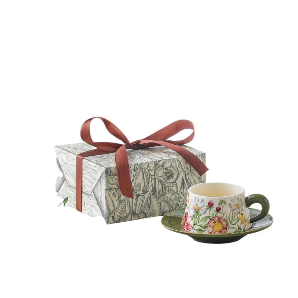 Medieval Oil Painting Freesia Coffee Cup And Saucer Set Light Luxury Niche Hand-Painted Latte Original Gift Ceramic Cup