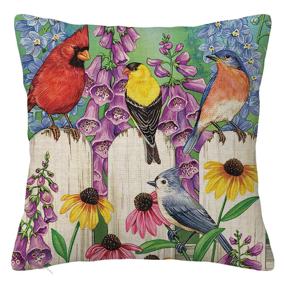 Branch Bird Flower Linen Pillowcase Sofa Cushion Cover Home Decoration Can Be Customized for You 40x40 50x50 60x60 45x45
