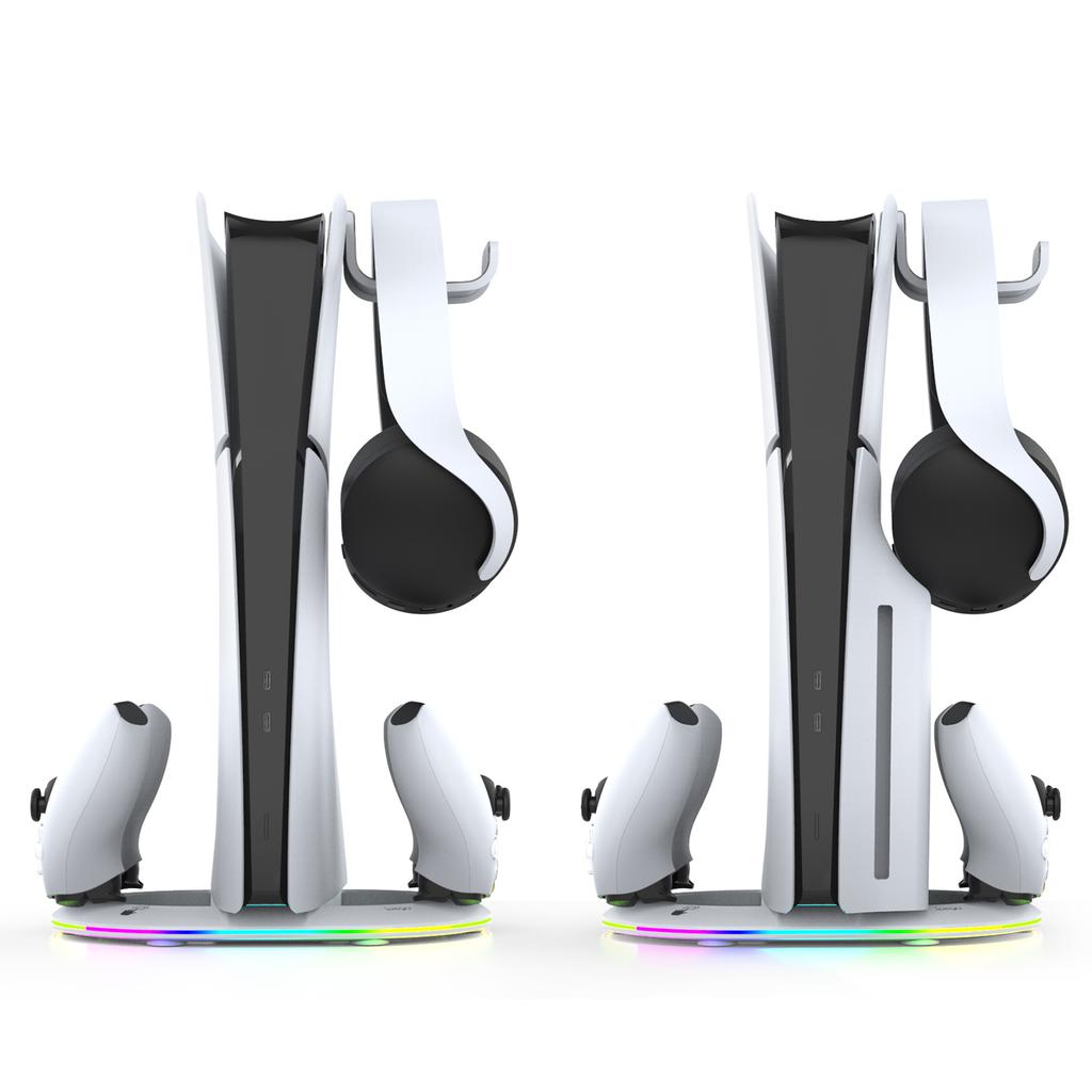 Vertical Stand for PS5 Slim/Pro,Multi-Function Dock with RGB Lighting, Headset Hook & Dual Controller Charging