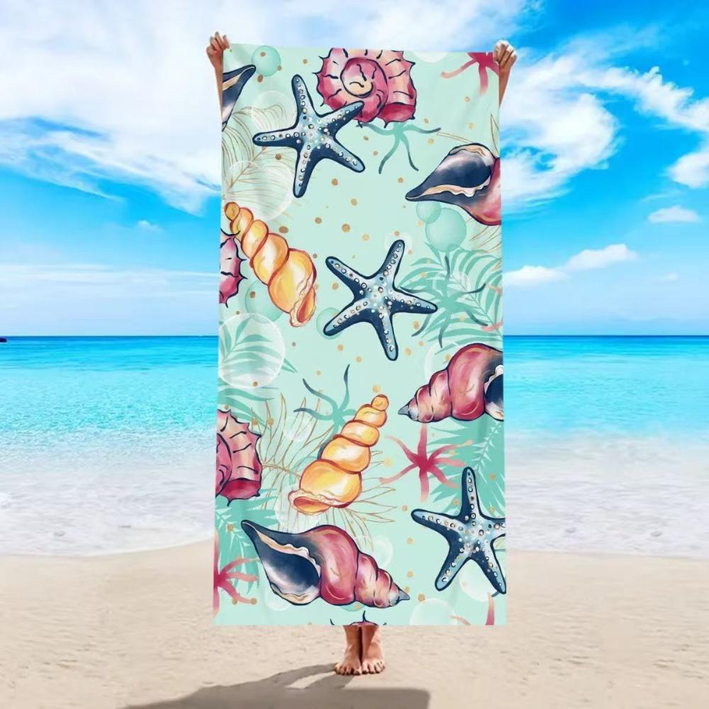 White Base Blue Teal Coral Seashell Starfish Print Beach Towel Quick Dry For Summer Beach Swimming Pool Camping Daily Trip